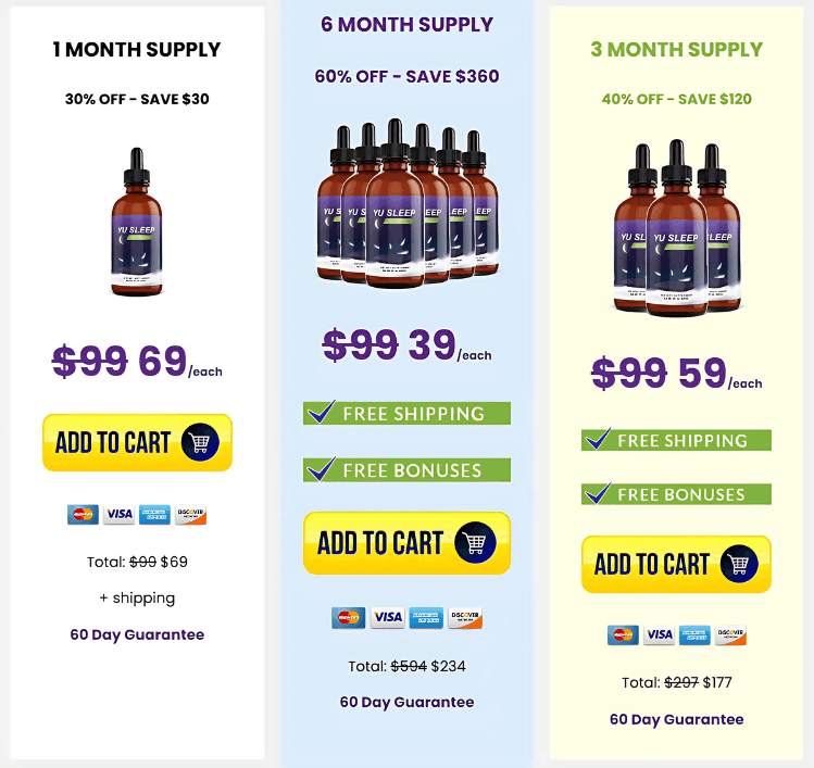 Yu Sleep pricing table: 1 bottle, 3 bottles, and 6 bottle bundle options